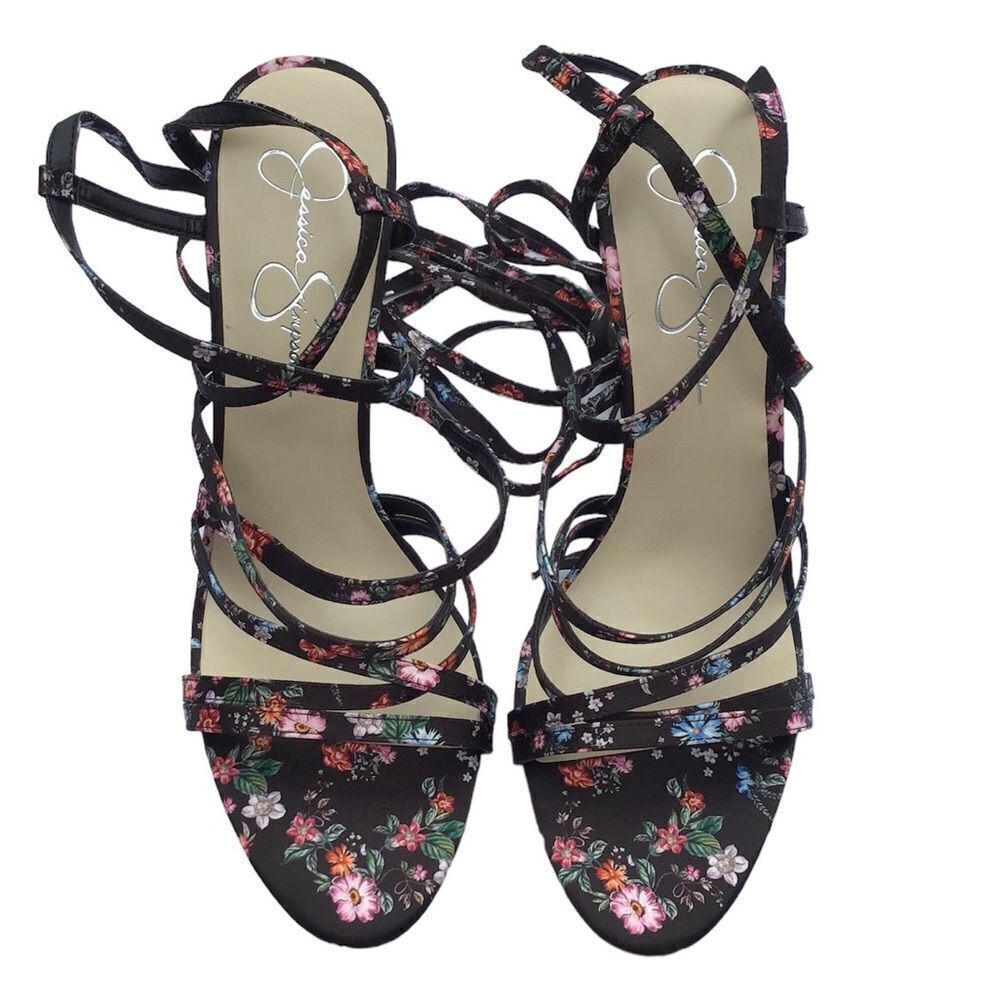 Jessica Simpson Black Jexilla Floral Strappy Wrap Sandal Size 11 (43)